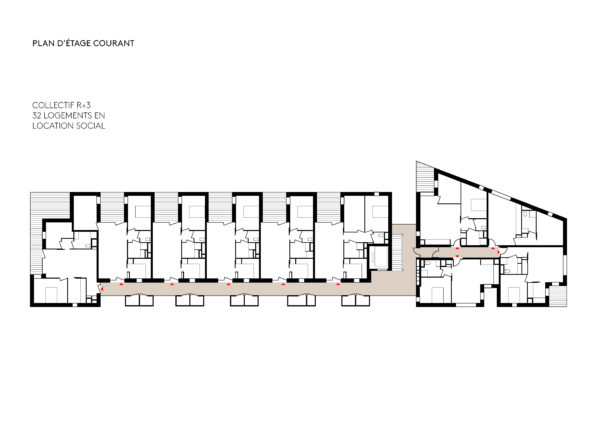 Plan d’étage courant du R+3 (32 logements en location social) / CoBe