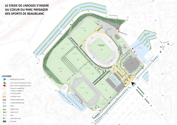 Plan masse - Le stade de Limoges s'insère au coeur du parc paysager des sports de Beaublanc / Atelier Ferret Architectures
