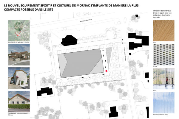 Plan masse - Le nouvel équipement sportif et culturel de Mornac s'implante de manière la plus compacte possible dans le site / Atelier Ferret Architectures