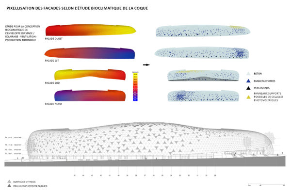 Facades - Pixellisation des façades selon l'étude bioclimatique de la coque / Atelier Ferret Architectures