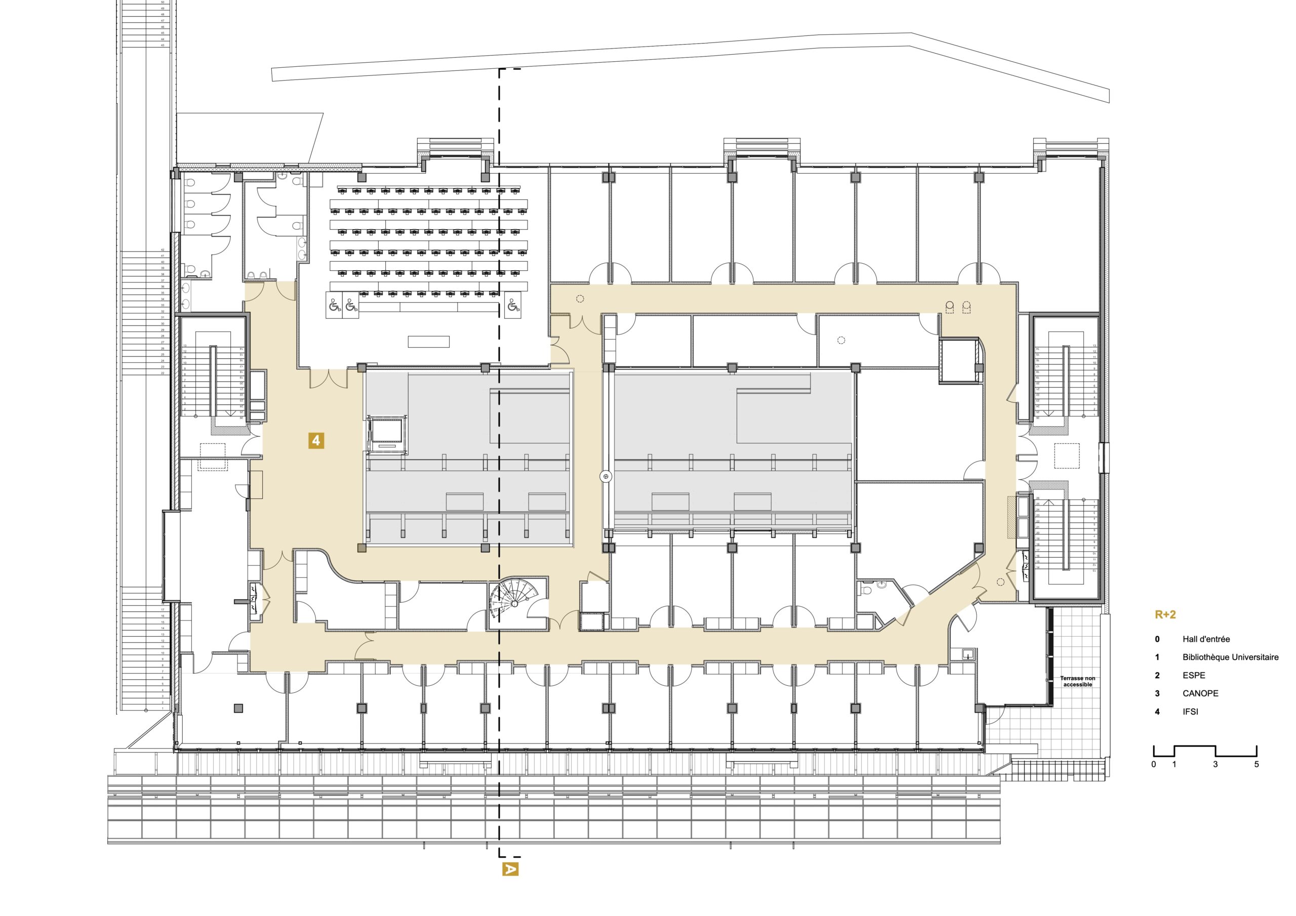 Plan du deuxième étage : dédié à l'IFSI, avec les bureaux, salles de groupes et l'amphithéâtre. / Agence Beffre