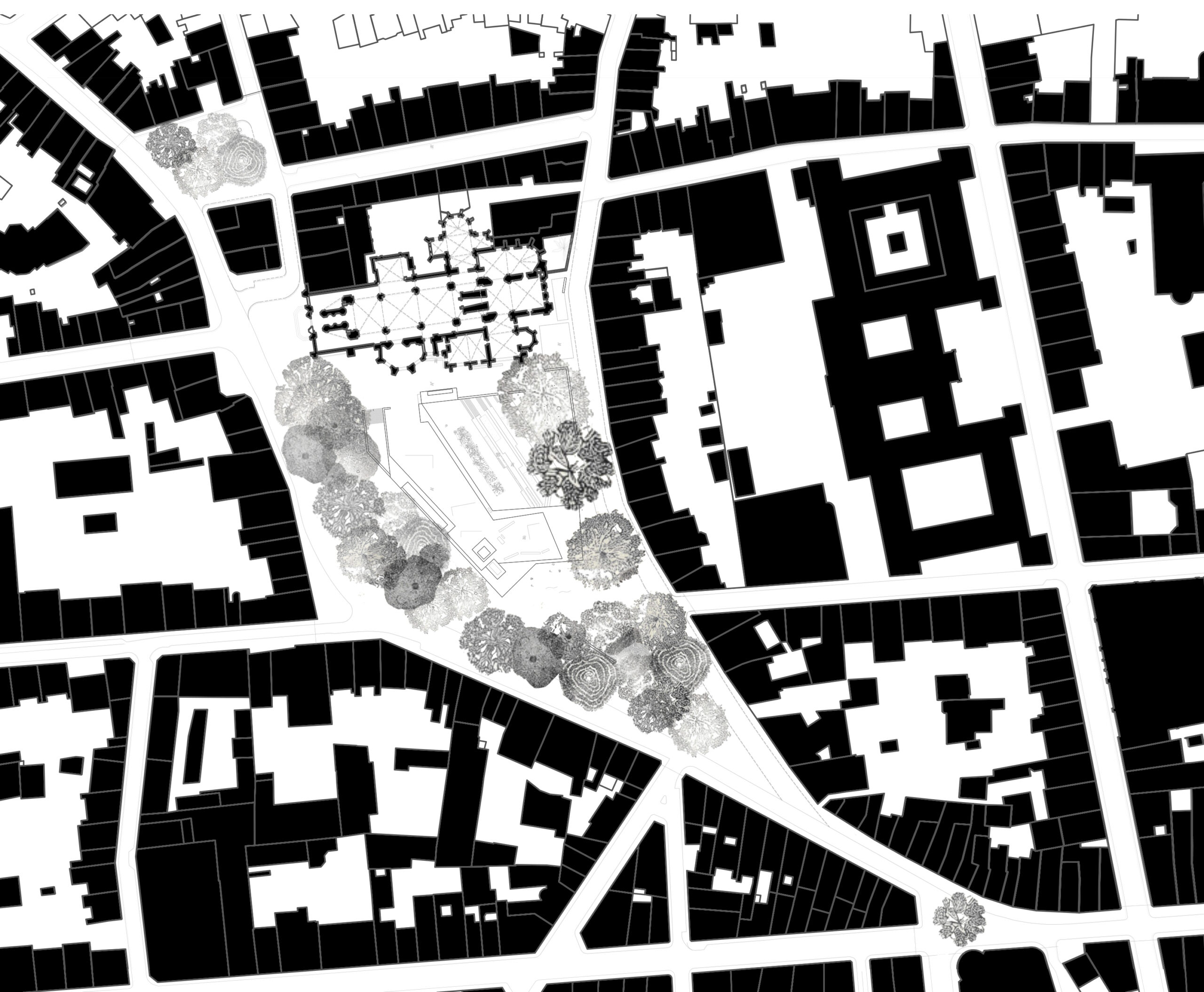 Plan masse de la place, de ses platanes et du projet  / Maxime Carrère
