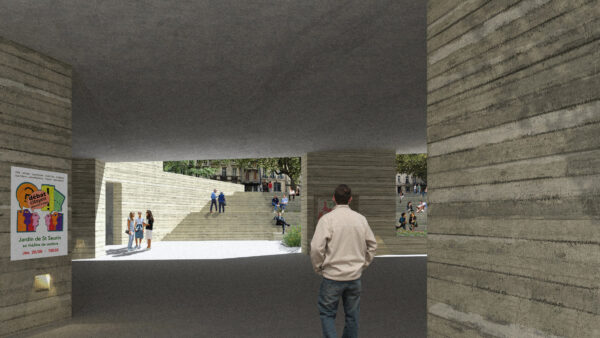 Vue intérieure du couvert public face au théâtre de verdure (lors d’un débat citoyen à l’extérieur), à gauche de l’image se trouve la nouvelle entrée des fouilles de St-Seurin / Maxime Carrère
